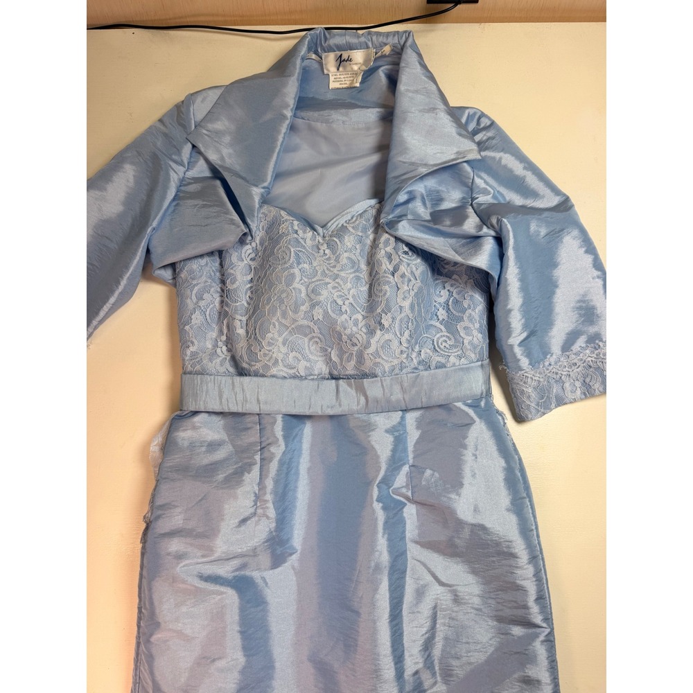 Jade by Jasmine Formal Dress Set Womens 8 Blue Excellent Lace Bolero 2pc Gown